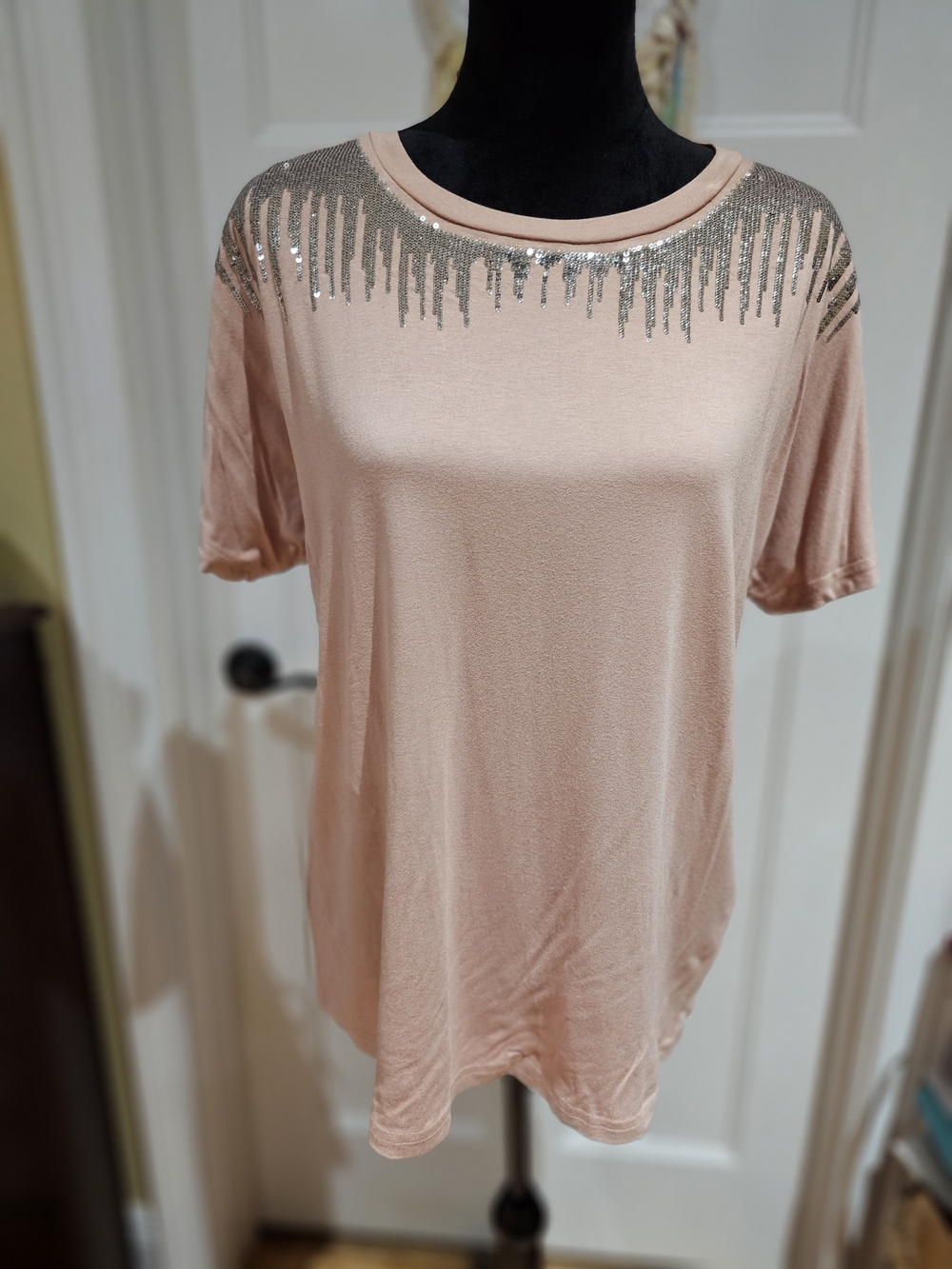JODIFL Blush Pink Short Sleeve Top with Silver Sequin Neckline